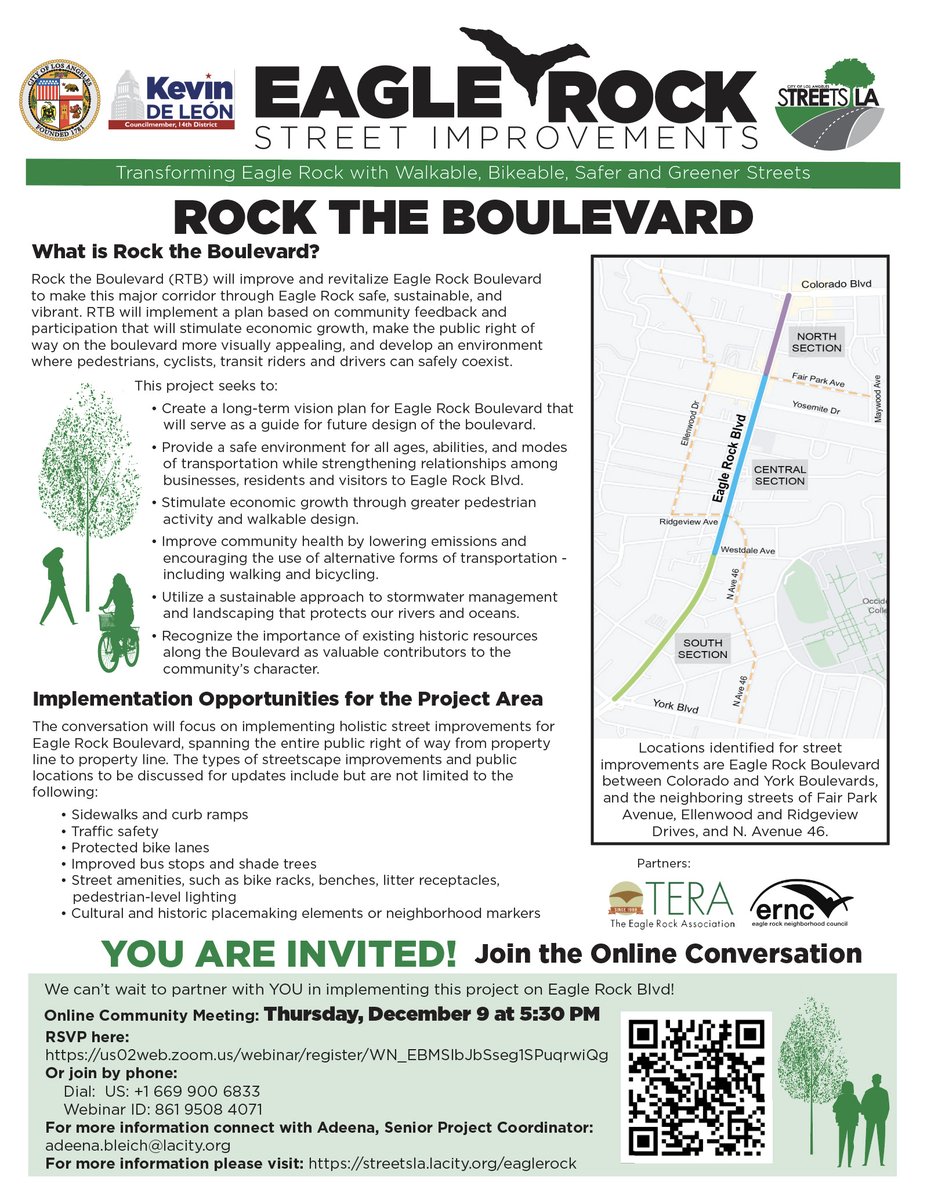 TERA90041's tweet photo. Tonight at 5:30pm! Join @BSSLosAngeles &amp; @Kdeleoncd14 to give input on implementation of TERA's #RockTheBlvd project. This project will provide protected bike lanes, new crosswalks and signals, and new trees on Eagle Rock Blvd. We need your voice!

RSVP: https://t.co/X2bFBDomVl https://t.co/cy1afwjF5c