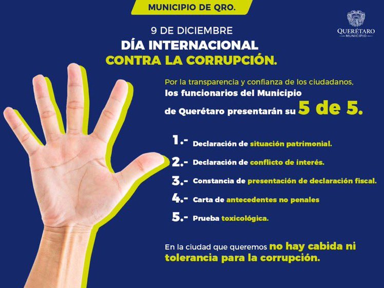 En este #DiaInternacionalContraLaCorrupción el <a href="/qromunicipio/">Municipio de Querétaro</a> y su alcalde <a href="/LuisBNava/">Luis Nava</a> nos comparten su experiencia de declaratoria 5 de 5, que les ha permitido mayor transparencia en sus acciones de gobierno.

#LaCiudadQueQueremos 

<a href="/AleGutierrez_mx/">𝗔𝗹𝗲 𝗚𝘂𝘁𝗶𝗲́𝗿𝗿𝗲𝘇</a> Pdta #Leon Pdta #ANAC