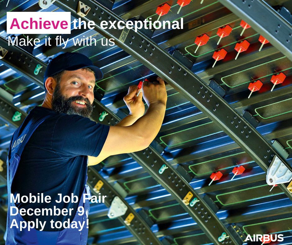 AirbusCareers's tweet photo. There's still time! Today is our job fair in Mobile, AL. Walk-in's are welcome and encouraged so grab a friend and join us. Can't make it? Head to https://t.co/nZGl3tYwOr for more information about open positions and see how we #MakeItFly. ✈️ #hiringnow #alabama #mobile #avgeeks https://t.co/RfinpdOBU6