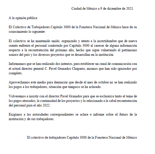 Con este comunicado los ponemos al tanto de nuestra situación de incertidumbre y falta de pagos a los trabajadores capítulo 3000 de la @FonotecaNacional. 
Los mantendremos informados