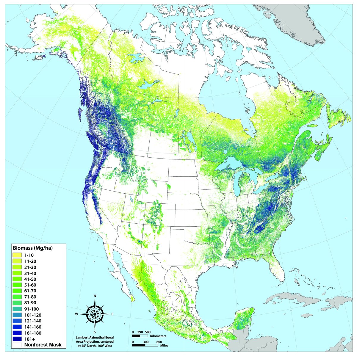 usgcrp's tweet photo. Carbon density—the amount of carbon stored per unit of land area—is highly variable! Check out the figure below to see the distribution of aboveground live biomass density on forestland in North America. #SOCCR2 #carboncycle https://t.co/No12hKX7iJ https://t.co/jFz2yBEWXI