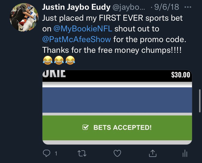 jaybo817's tweet photo. @PatMcAfeeShow I literally started my sports betting with you and live and die by your locks! 3 years strong! #pmsfanduelfamily https://t.co/JLfvrkSAay