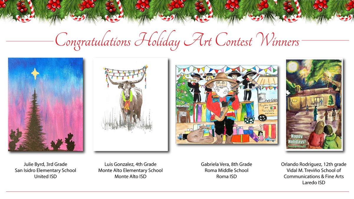 RegionOneESC's tweet photo. We're proud to announce the winners of this year's Holiday Art Contest! The student art designs will be the cover art for our official holiday card-thank you for allowing us to share the tremendous talent of our students! https://t.co/YdlrGT8e1f @unitedisd @RomaISD @LaredoISD https://t.co/RvAdEju9ul