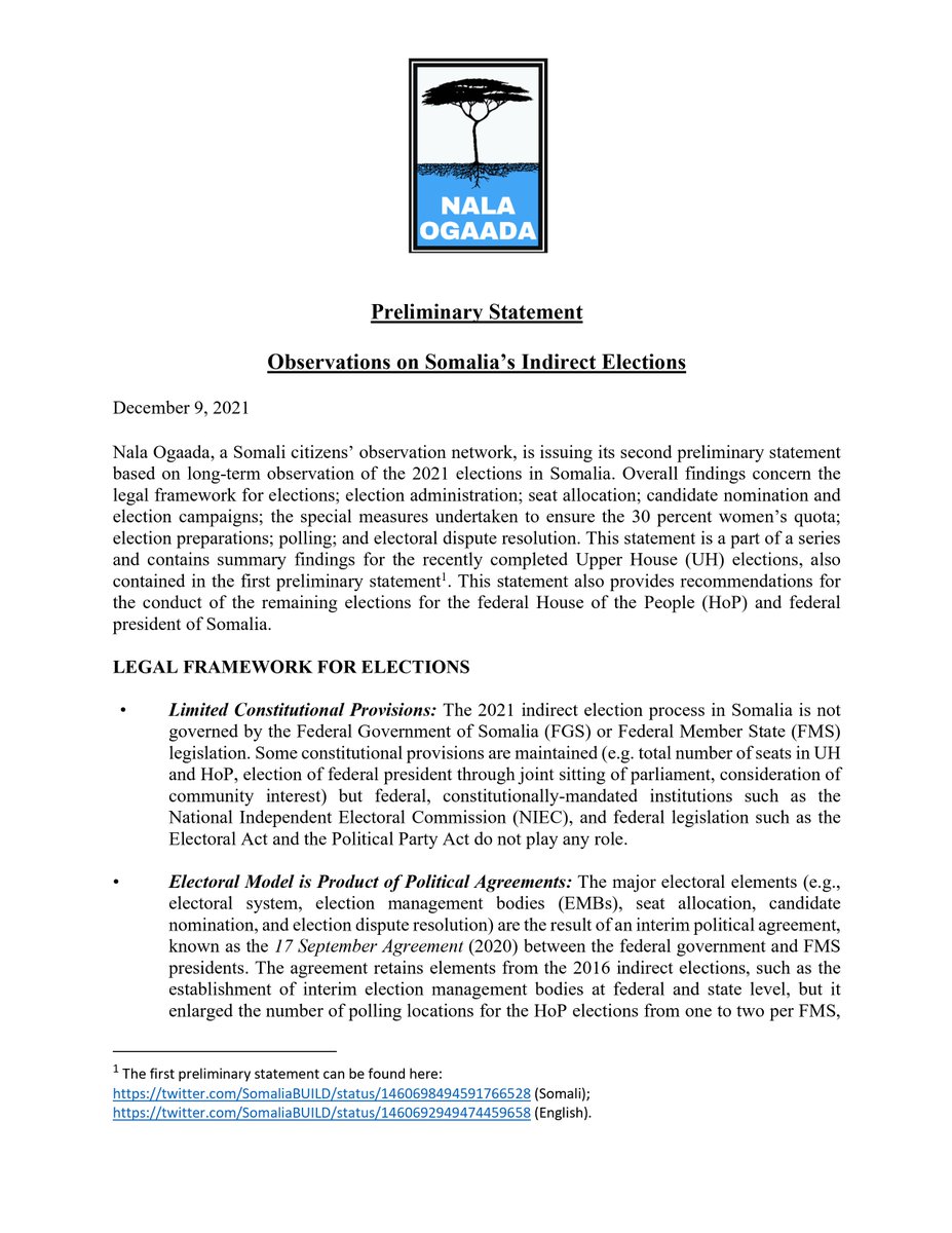SomaliaBUILD's tweet photo. With BUILD's support, @nalaogaada- Somalia's domestic observation coalition- has released a Statement on the electoral process, focusing on electoral integrity and observer access. 

Read the statement below: (1/2) https://t.co/YcAVjLcL7J