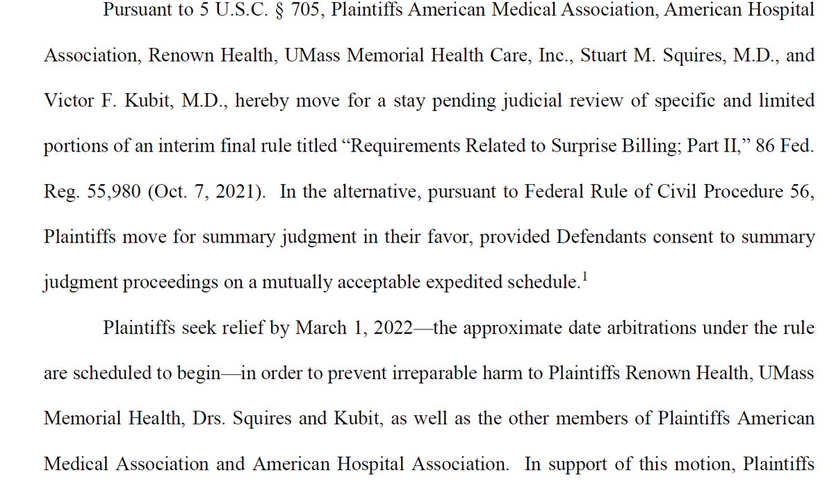 EdGainesIII's tweet photo. @AmerMedicalAssn @ahahospitals @UMass @renownhealth &amp; 2 individual #NC based anesthesiologists sue @HHSGov et al in fed. ct. in DC seeking immediate injunctive relief re: the #NoSurprisesAct Sept. Interim Final Rule or in the alternative summary judgment by 3/1/22--it's on! https://t.co/Wlr8ZfrXDw
