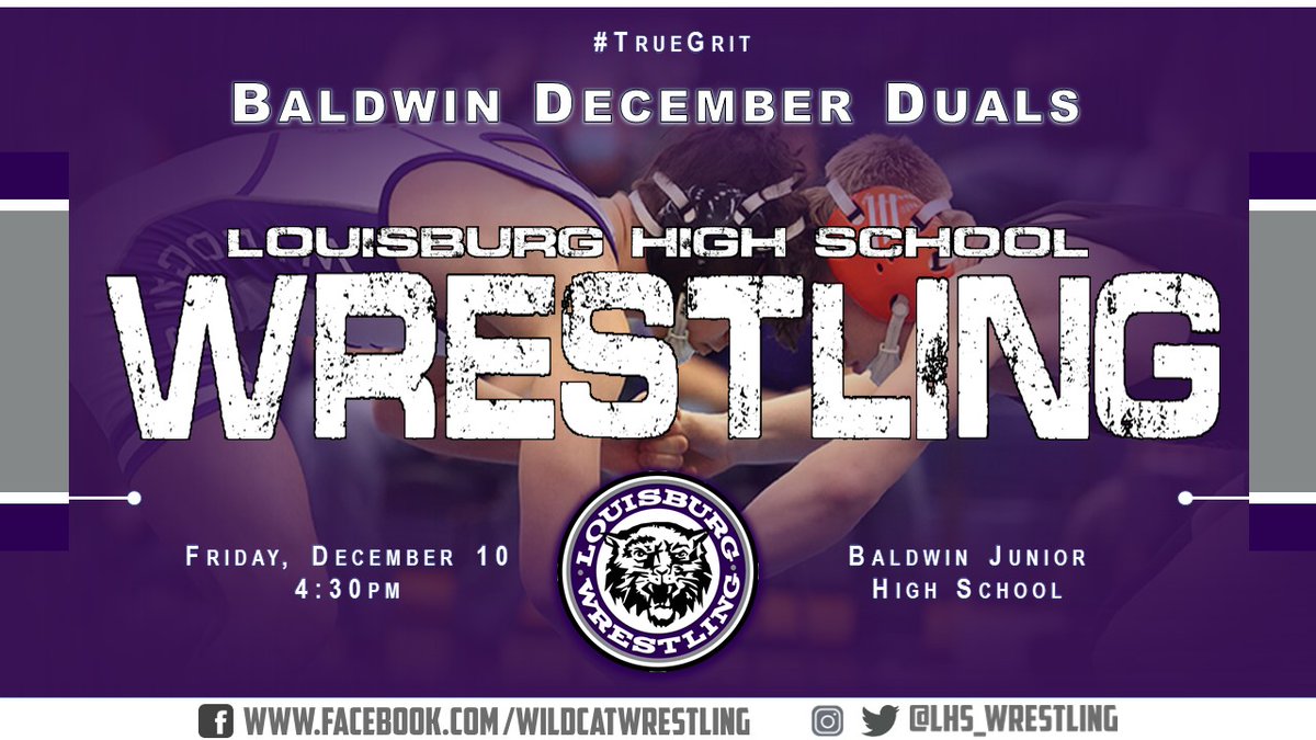 LHS_Wrestling's tweet photo. Varsity, JV, and Girls return to the mats this Friday, December 10, at the Baldwin December Duals!
All wrestling begins at 4:30pm in the Baldwin Jr. High gymnasium!
#WildcatWrestling #DecemberDuals #TrueGrit https://t.co/WDVaBCmiPr