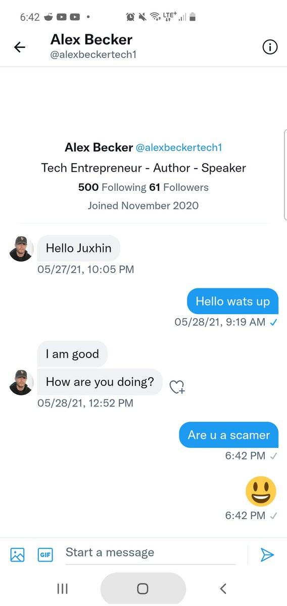 JJargavani's tweet photo. @ZssBecker i got a scammer pretending to be you https://t.co/8O6rCJ9zM4