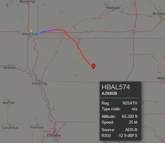stratoballoon's tweet photo. @RavenAerostar is back to flight with the launch this morning of a stratospheric balloon from its Innovation Campus in Baltic (SD).
The craft with callsign #HBAL574 is moving SE across central Iowa.
Real time tracking via @ADSBexchange at: https://t.co/C0dhFMvMhm https://t.co/sWezn69Eno