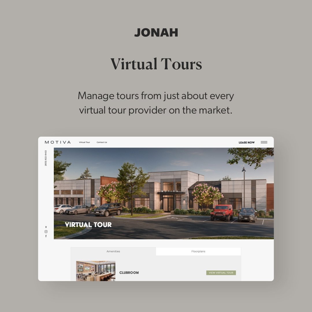 Virtual tours are the best way to invite people to tour your community from the comfort of their own phones, and adding them to your Jonah website has never been easier. The Virtual Tour Manager add-on makes it simple to add, categorize, and organize all your property tours.⁠