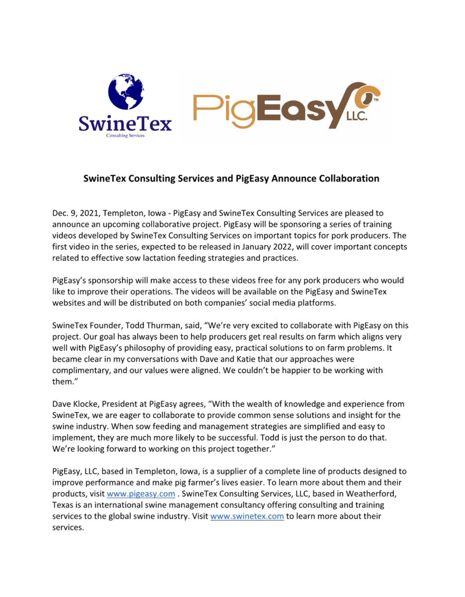 SwineInsights's tweet photo. We are extremely excited to work with @PigEasyLLC on this project. This is a new type of partnership for SwineTex and our shared values and business philosophies make them the perfect partner. 

We hope this is just the beginning of a long relationship. https://t.co/cUKtLa1cCE