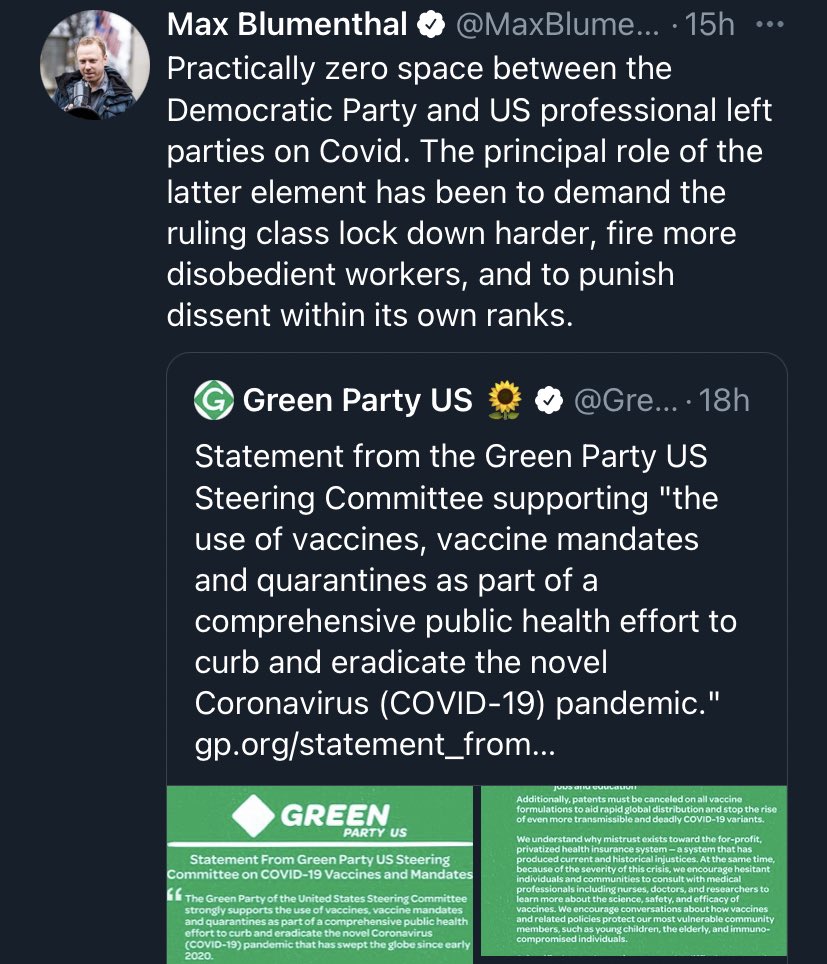 Eskaver on Twitter: "Max Blumenthal comes out against the Green Party for  being anti-COVID! Sadly for him, the People's Party hasn't shared his  anti-vaxx stance. All that's left is the GOP and