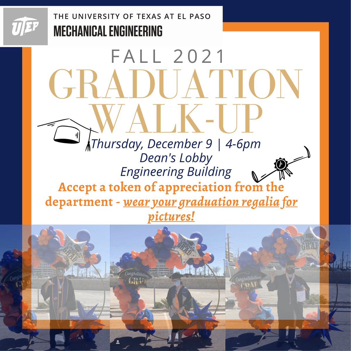 UTEPMechanical's tweet image. Are you graduating this semester? Wear your regalia and stop by the Engineering Lobby today from 4-6pm! We have a graduation gift for undergraduate, master, and doctoral students. 🎓 #MajoringMechanical