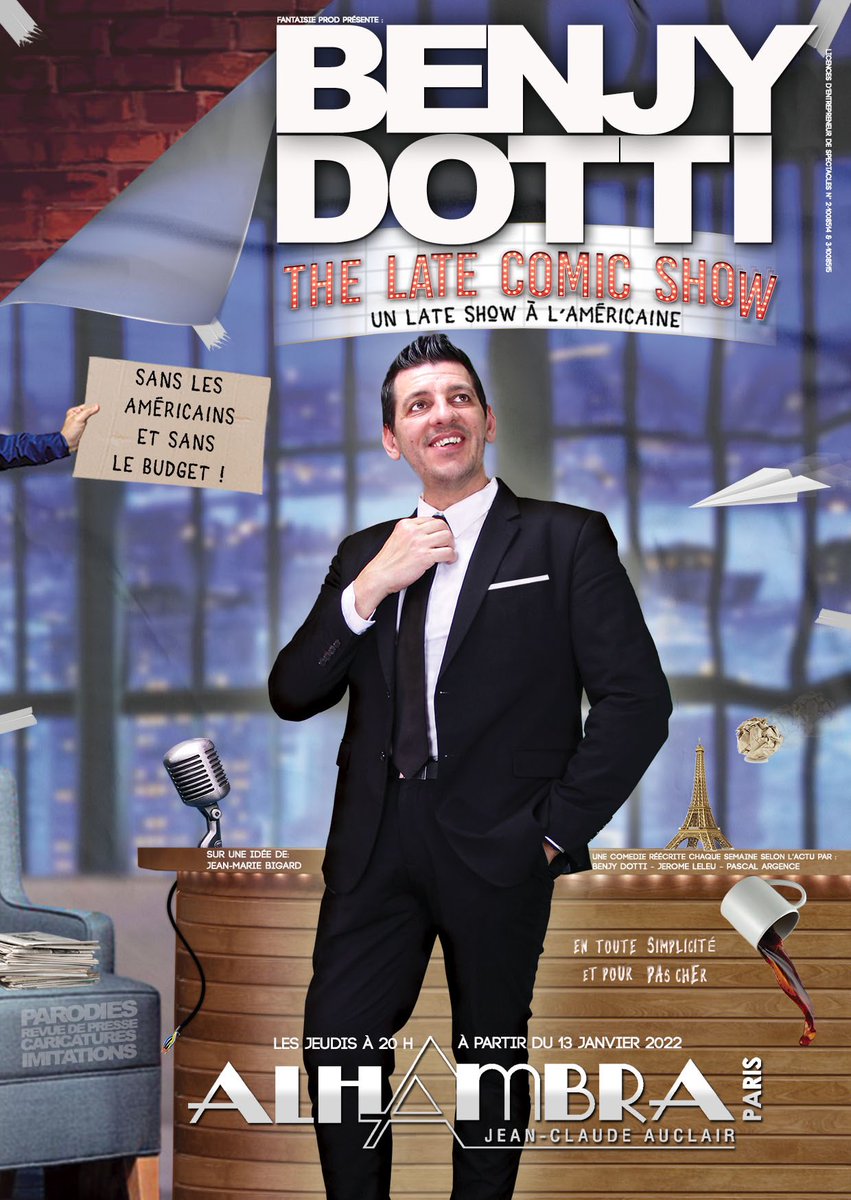 NEWS 
Dés le 13 janvier <a href="/benjydotti/">Benjy Dotti</a> sera sur la scène de <a href="/AlhambraParis/">Alhambra Paris</a>  pour Late Comic Show, un Late show à l’américaine mais sans les américains et sans le budget ! 
🎟 alhambra-paris.com/benjy-dotti-lo…