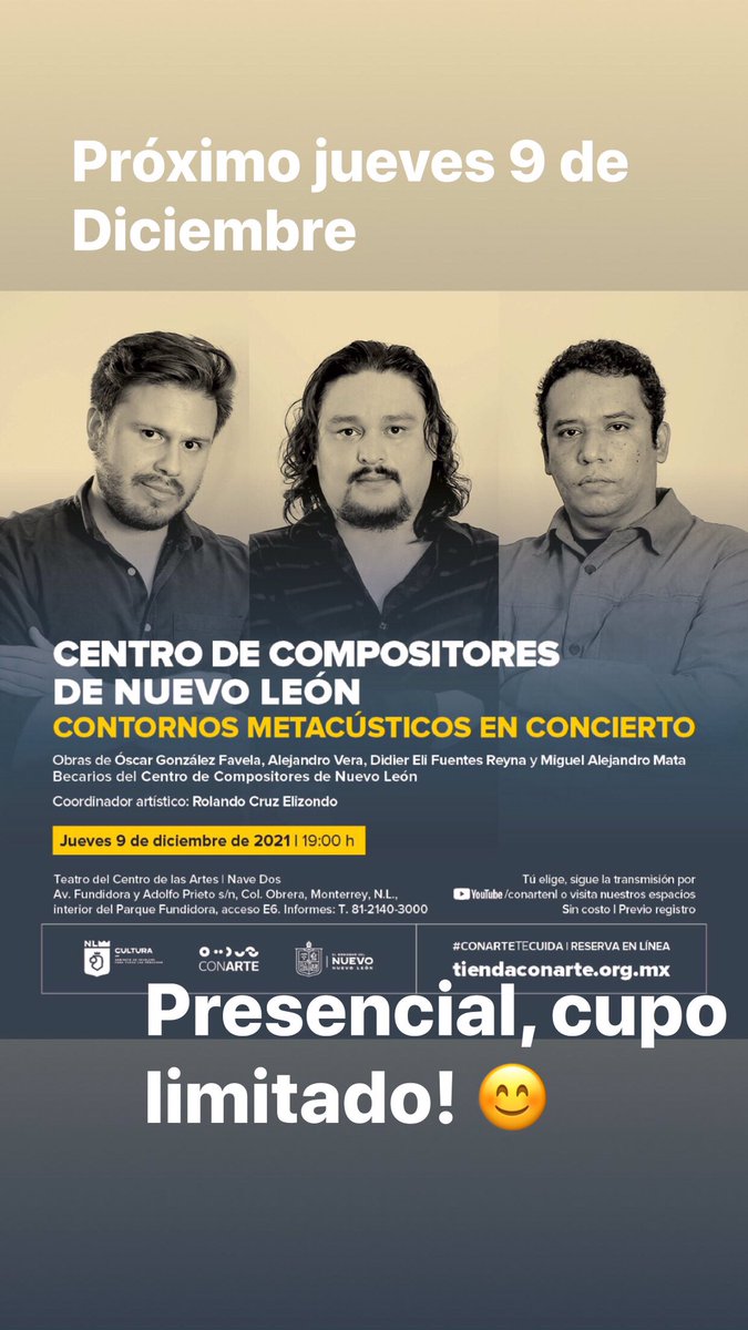 rolacruz's tweet photo. Música contemporánea de concierto. Hoy es el estreno de 4 piezas para cuarteto mixto, 3 de jóvenes becarios del #CCNL y 1 pieza mía como coordinador artístico. Músicos regiomontanos del más alto nivel interpretarán la piezas en el Centro de las Artes de NL. #MusicaNueva https://t.co/uZDrCKFlu4