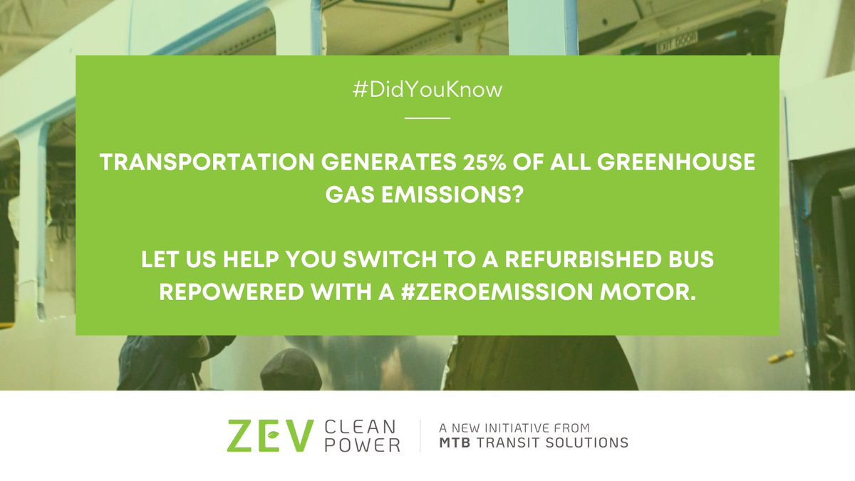 ZEVCleanPower's tweet photo. #DidYouKnow

Transportation generates 25% of all Greenhouse Gas Emissions? 

Let us help you switch to a refurbished bus repowered with a #ZeroEmission motor. Visit our website to learn how we can create a greener tomorrow: https://t.co/2BRr5BvraU 

#ElectricBuses #Sustainable https://t.co/4gV6LXAxm4