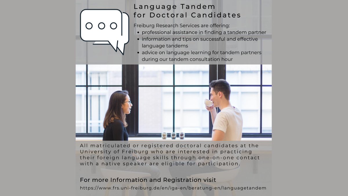 GaaPhds's tweet photo. Would you like to learn a new #language or improve your pronunciation? FRS offer a search service for language #tandems for doctoral candidates at the @UniFreiburg.
Visit the homepage for more information on registration in English:
https://t.co/jp38LtE9e2 https://t.co/KSN6XMYgEM