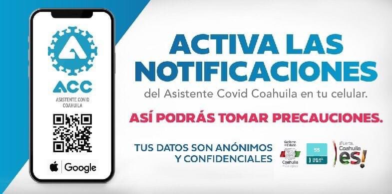 SS_Coahuila's tweet photo. ¡Activa las notificaciones del Asistente #COVID #Coahuila ! Utiliza tu celular para prevenir contagios… https://t.co/LFsjsxTV5O