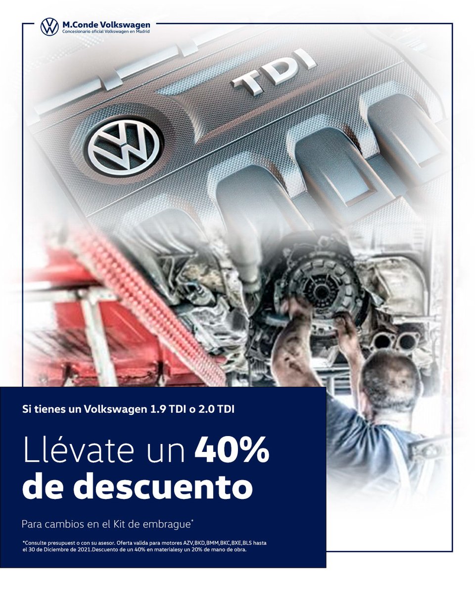 VWMConde's tweet photo. Si tienes un Volkswagen con motor 1.9 TDI o 2.0 TDI tenemos una promoción que te interesa. Ahora con MConde VW aprovéchate de un 40% de descuento para cambios en el Kit de Embrague*.

*Consulte presupuesto con su asesor. Oferta valida hasta el 30/12 ➡️ https://t.co/iHRNu1bBMj https://t.co/qfiwJtoUiJ