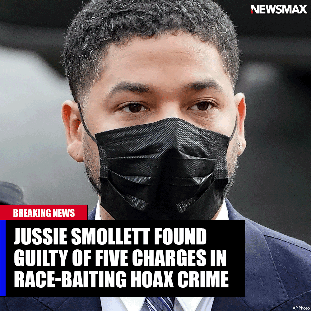 NEWSMAX's tweet image. BREAKING NEWS:  A jury in the trial of former "Empire" actor Jussie Smollett found him guilty on five of six charges he staged an anti-gay, racist attack on himself nearly three years ago and then lied to Chicago police about it. bit.ly/33i9ocL