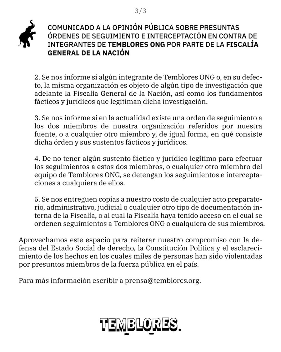 COMUNICADO sobre presuntas órdenes de seguimiento e interceptación en contra de integrantes de nuestra organización por parte de la 
<a href="/FiscaliaCol/">Fiscalía Colombia</a>

Estas órdenes son una clara vulneración de sus derechos y una práctica de hostigamiento a nuestra labor por la defensa de DDHH.