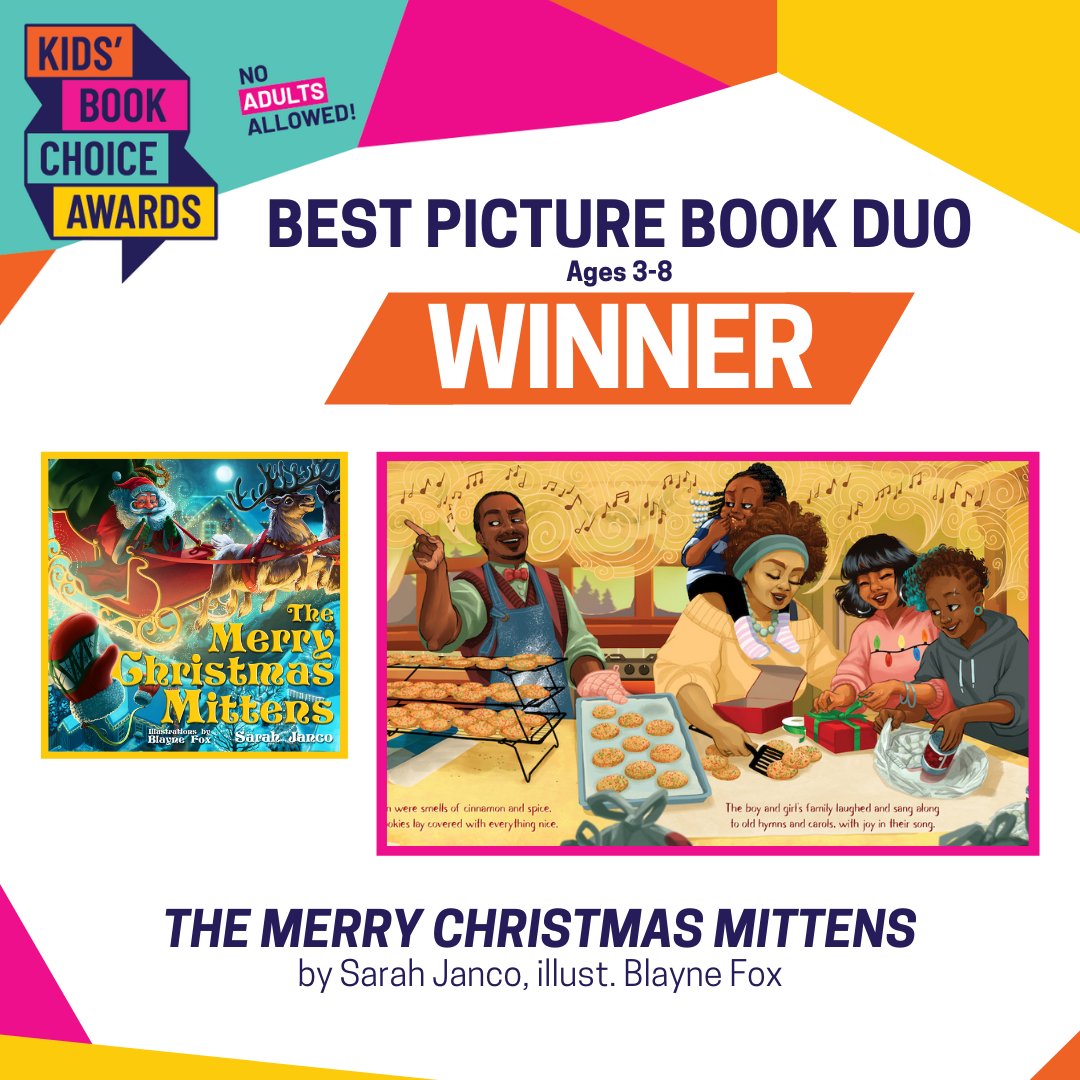 BrownBooksKids's tweet photo. And the winner of the 2021 Kids’ Book Choice Awards Best Picture Book Duo category is…. THE MERRY CHRISTMAS MITTENS by Sarah Janco and Blayne Fox! 🥳❤️

#KidsBookChoiceAwards #Christmas2021 #childrensbookillustration #childrensauthor #christmasbook #childrensbooks #awardwinner https://t.co/yktYYWsggI