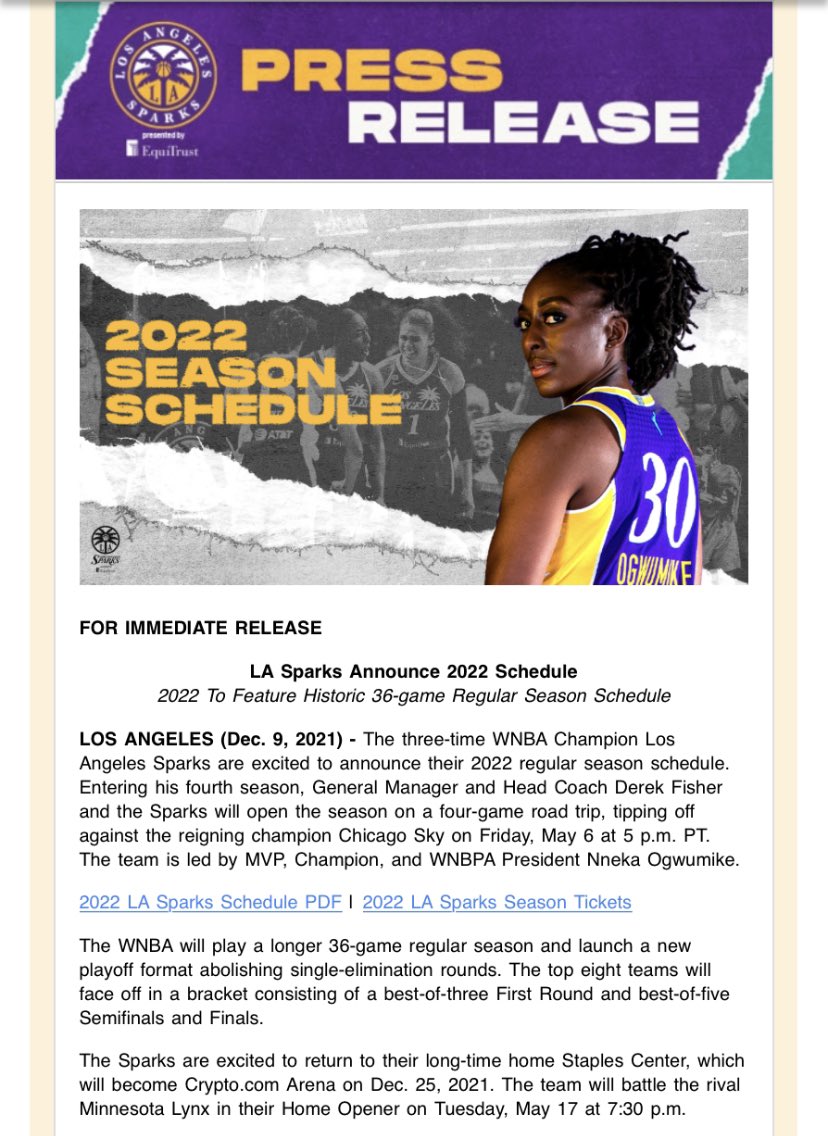 Lynx Schedule 2022 Chris Camello On Twitter: "#Lasparks Released Their 2022 #Wnba Schedule  Which Will Have A Historic 36-Game Schedule. La Will Open Their Season On  May 6 At Chicago To Face Candace Parker And