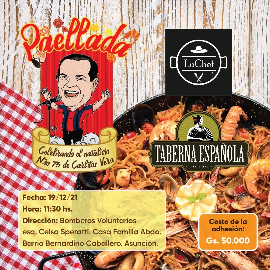 emivera1912's tweet photo. Con mi familia estamos organizando un gran encuentro para celebrar el natalicio Nro. 73 de @carlitosvera48
Paellada que se realizará el 19/12/2021. Flia. Abdo. Preparación a cargo del equipo de #LuChef y #LaTabernaEspañola
Adhesión: Gs. 50.000.
Reservas 0981122567
Ruego un RT https://t.co/6NnD6s1Ozk