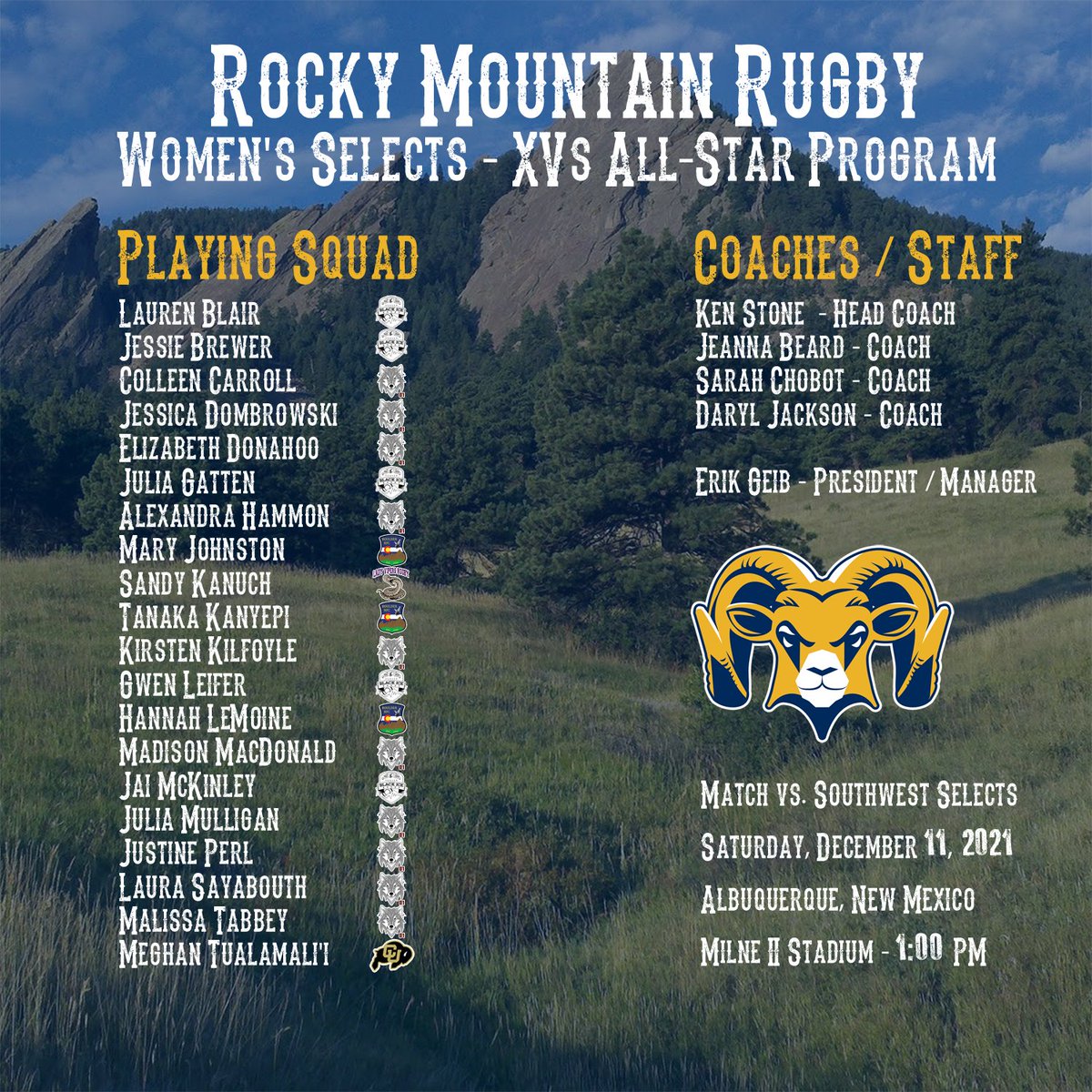 RMR is proud to announce its Women's Selects for this weekend's match versus the Southwest Rugby Selects.