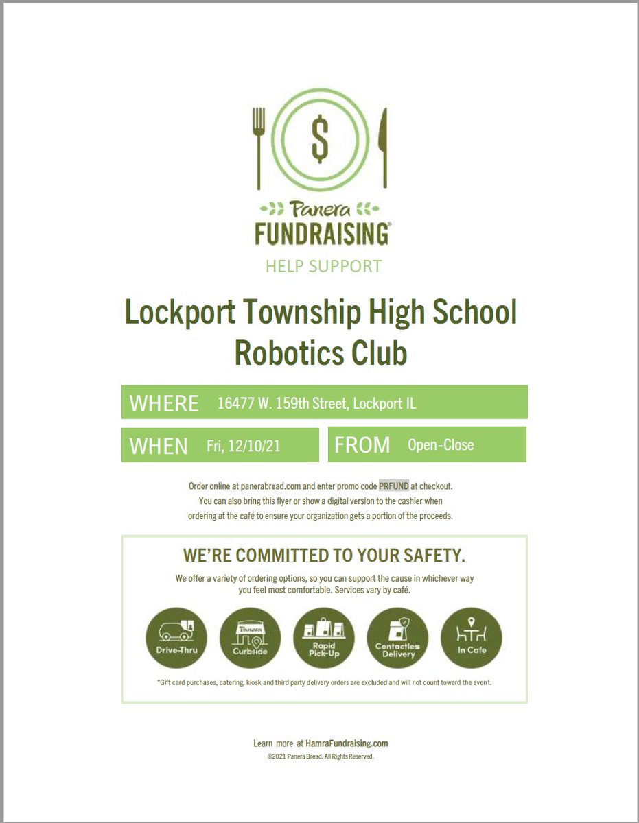 PorterBots4292's tweet image. What are you doing for dinner tomorrow? (Or breakfast? Or lunch?)

Help support LTHS Robotics by making a purchase at Panera in Lockport any time during the day tomorrow, Friday, December 10!

Use this flier, or code PRFUND with online orders!

☮️💛🤖
#morethanrobots #SupportSTEM
