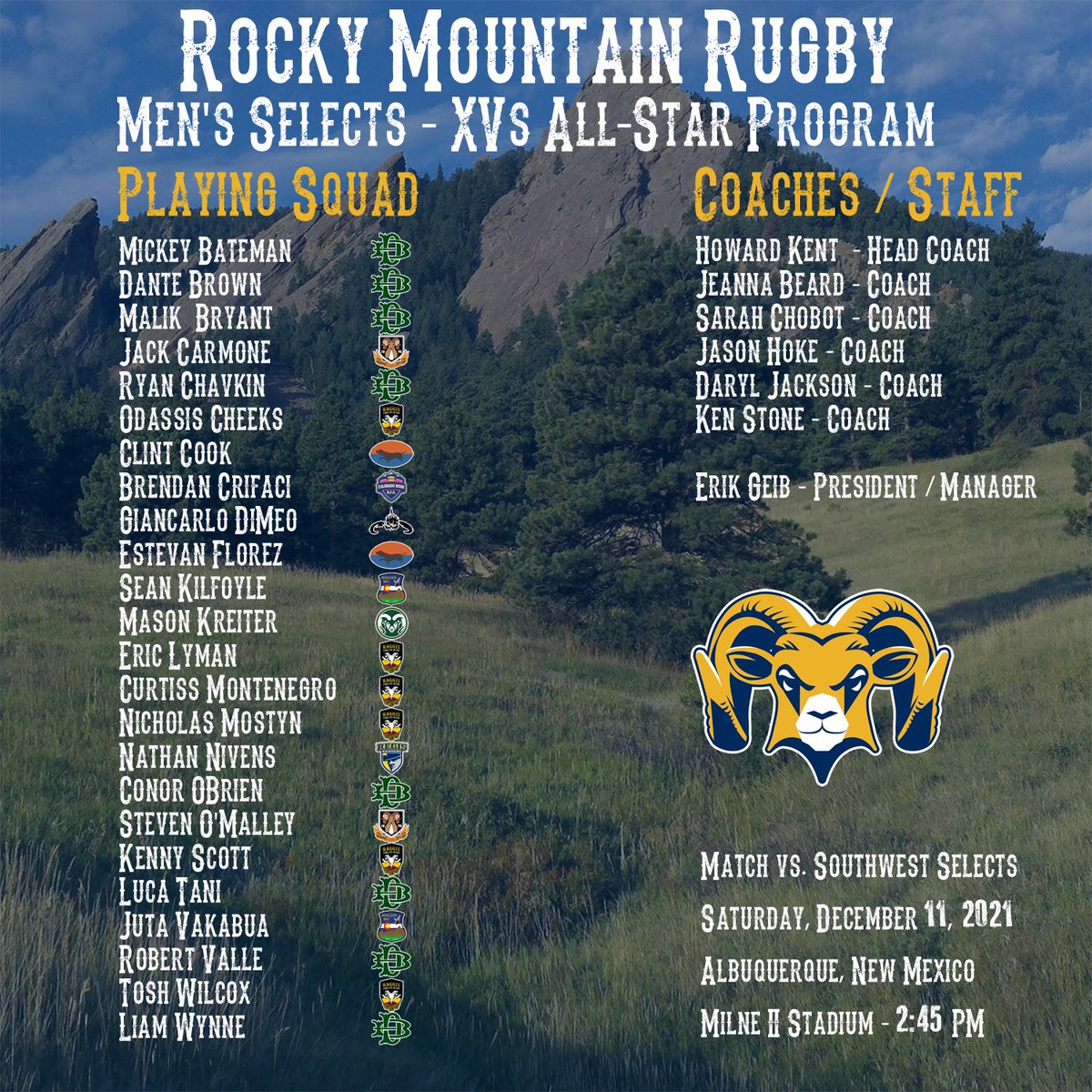 RMR is proud to announce its Men's Selects for this weekend's match versus the Southwest Rugby Selects.