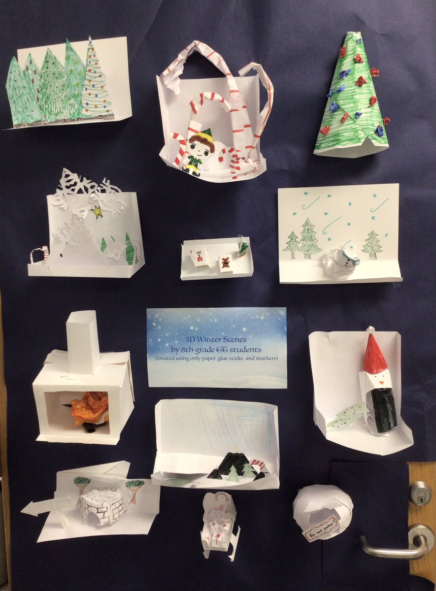 TKRaygor's tweet photo. 8th graders created 3D scenes using only paper, glue stick, markers, and scissors - Success! #holidayscenes #makermindset Thanks for the inspiration @RebeccaLouHare from  #istecreativeconstructorlab. Can’t wait until that conference is in person again! https://t.co/CgeJYAfC8a