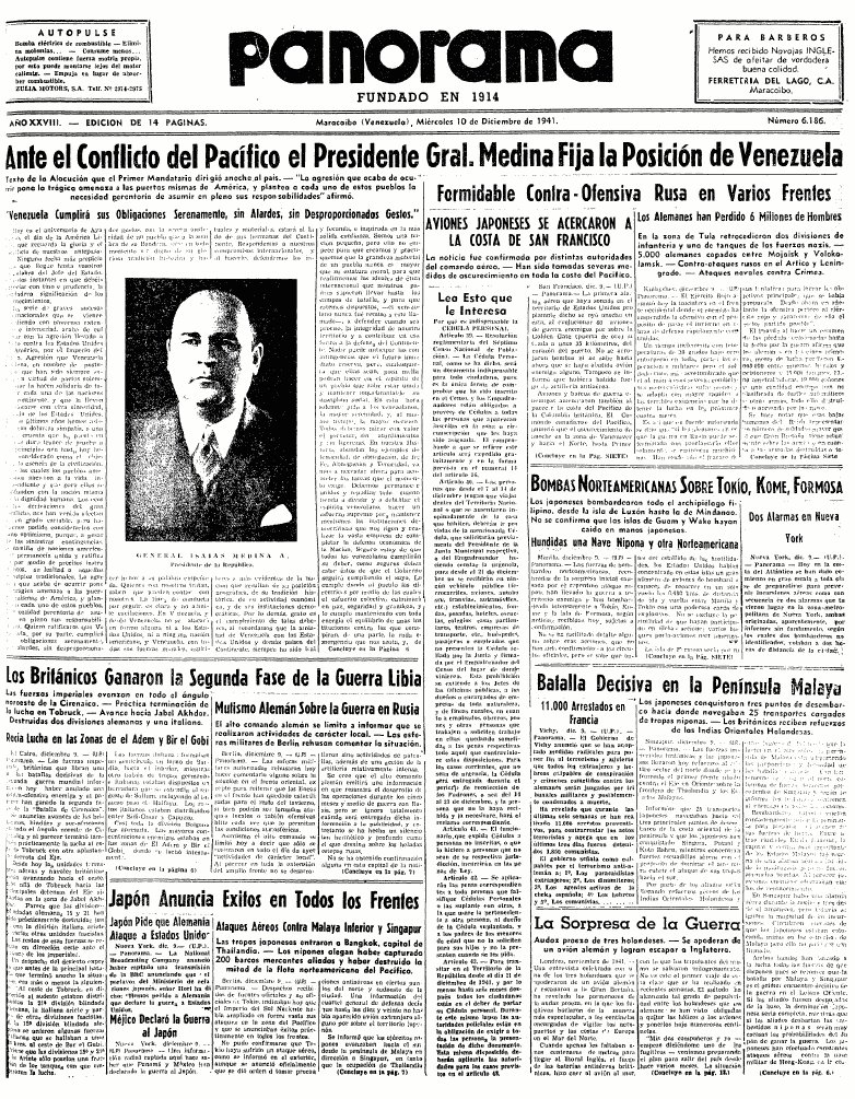 LaHistoria200's tweet photo. El discurso de Isaías Medina Angarita, presidente de Venezuela, luego del ataque japonés a la base norteamericana de Pearl Harbor en 1941. “Venezuela cumplirá sus obligaciones serenamente, sin alardes, sin desproporcionados gestos”.

https://t.co/QJhvHHAB8j https://t.co/um3IsB7DQ4