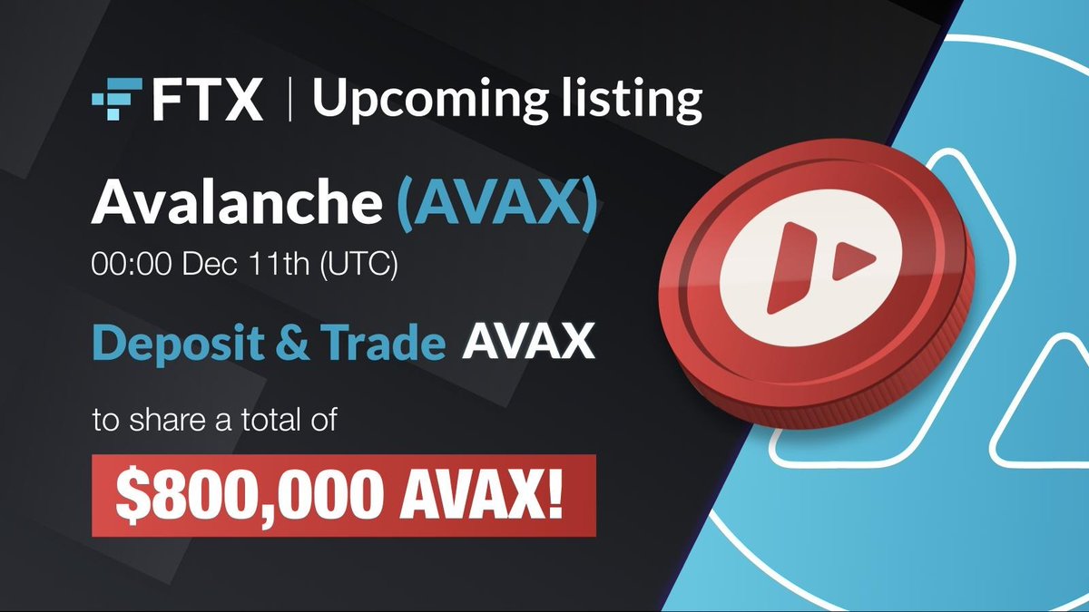 FTX_Official's tweet image. FTX will list $AVAX spot! @avalancheavax 
Deposit &amp;amp; Trade AVAX to share a total of $800,000 in AVAX! 
Campaign details: help.ftx.com/hc/en-us/artic…