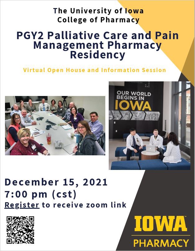 lorinfisher's tweet photo. Interested in further specializing in palliative care/pain mgmt? Join us for a virtual PGY2 residency information session on 12/15 at 7:00 pm (CST)! @UIRxPalli8rs #pharmres #twitterx
Sign up: https://t.co/QEiJsndFAu
Learn more about the program: 
https://t.co/alxtF07o57… https://t.co/Z2nTeyP5Bs