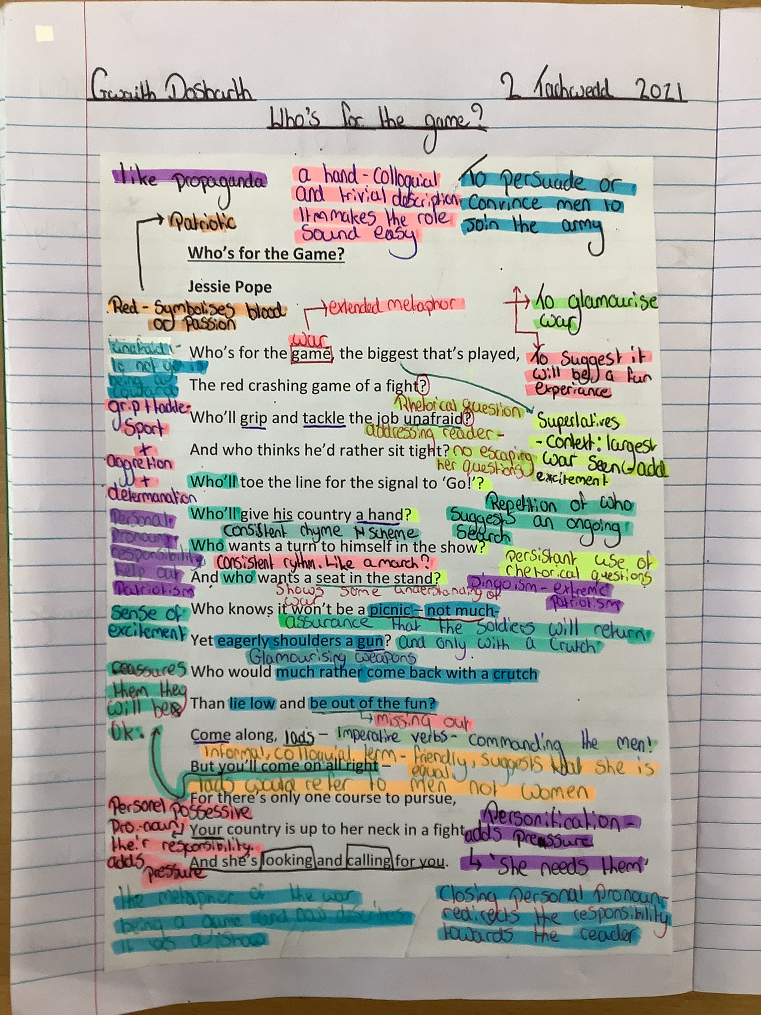 Twitter-এ Miss Stephenson: "Very by 8H's annotations and of Jessie 'Who's for the Game?'. I have loved exploring war poetry with these learners and can't wait to take a