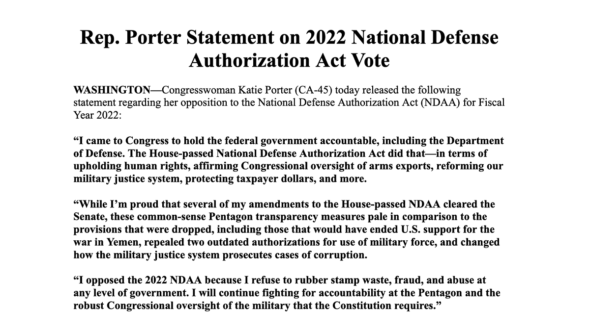 TeamKatiePorter's tweet photo. I opposed the 2022 National Defense Authorization Act because I refuse to rubber stamp waste, fraud, and abuse at any level of government—including at the Pentagon.

My full statement: https://t.co/McNt90jPP9