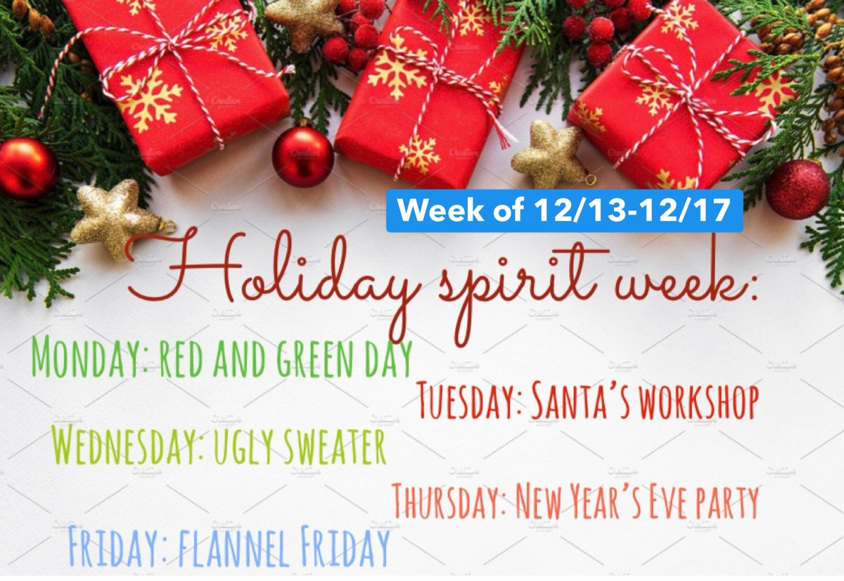 PEHScouncil's tweet photo. Monday:holiday colors on Red &amp; Green Day
Tuesday:dress as an elf, reindeer, or other North Pole resident for Santa's Workshop
Wednesday: wear your ugliest holiday sweater
Thursday:Count down to break, wear your fancy fits on New Year's Eve Party day
Friday:wear your best flannel https://t.co/JTBlounTab