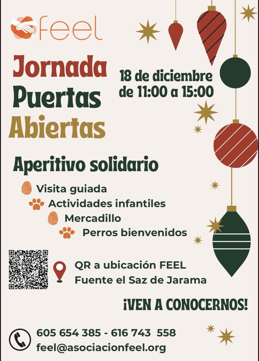 Queremos invitaros a compartir juntos un aperitivo solidario el sábado 18 de diciembre de 11 a 15 horas en las instalaciones de FEEL. Os enseñaremos nuestro hogar, habrá aperitivo rico, compras navideñas, juegos para niños y los peques caninos podrán socializar  ¡OS ESPERAMOS!