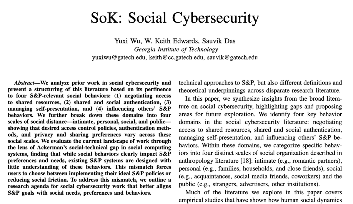 scyrusk's tweet photo. Congratulations to @yuxiwu her for #SP22 (Oakland) paper acceptance!

We systematized extant human-centered work on #social #cybersecurity — i.e., work exploring S&amp;P behaviors and threats in an ecosystem of inter-connectedness and influence.

Pre-print: https://t.co/ZZUK9s1xO5 https://t.co/xaspmETSZK