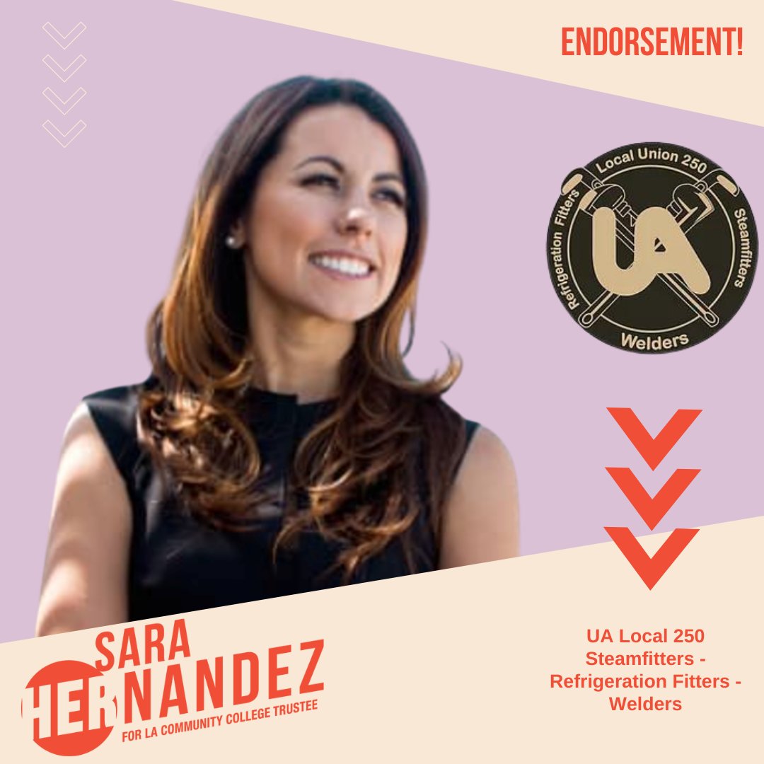 sara__hernandez's tweet photo. So incredibly proud to be endorsed by the UA Local 250, the largest UA Local in Los Angeles. Representing Steamfitters - Refrigeration Fitters - Welders! #sara4LACCD #UAproud #ua250 #Local250 https://t.co/qvNdDVTkoG