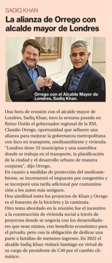 Orrego's tweet photo. #StgoRM debe aspirar a ser ciudad d talla mundial y para lograrlo hay q conocer cómo lo hacen los mejores. Con @sadiqkhan firmamos alianza Londres/Stgo para impulsar la #RM y llevarla a grandes ligas; transporte público integrado, infraestructura ciclistas, ciudad verde #ohright! https://t.co/9hNw7GhU9E