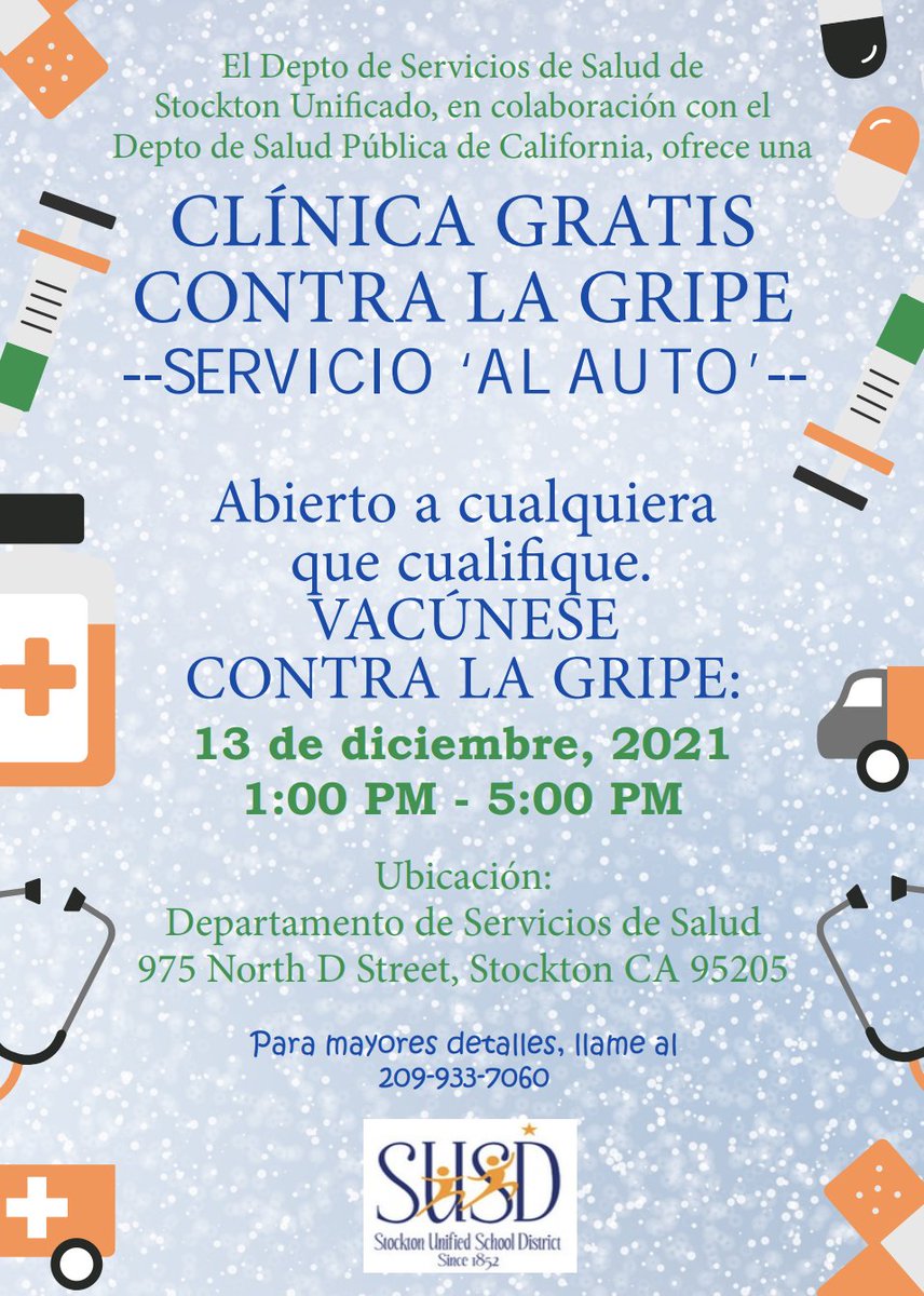 FREE SUSD Drive thru flu clinic. December 13, 1pm-5pm. See flyer for more details. #Proud2bSUSD