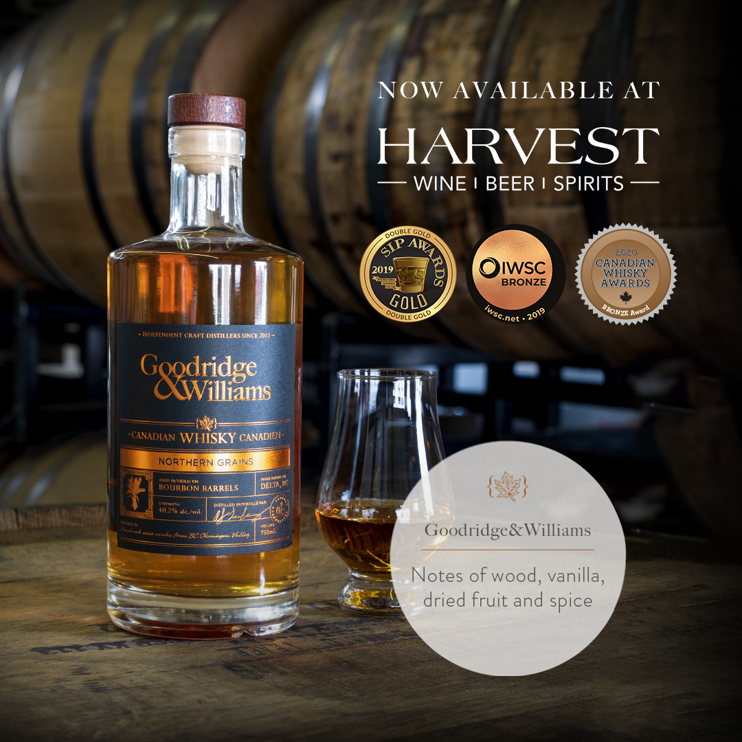 Our award-winning Northern Grains Canadian Whisky is now available at <a href="/harvestwines/">Harvest Wines & Spirits</a>. Prevalent notes of wood and vanilla combine with the rich fruit and spice notes of the French Oak Bordeaux finishing casks to make a well-balanced and complex whisky. It is simply a must-try!