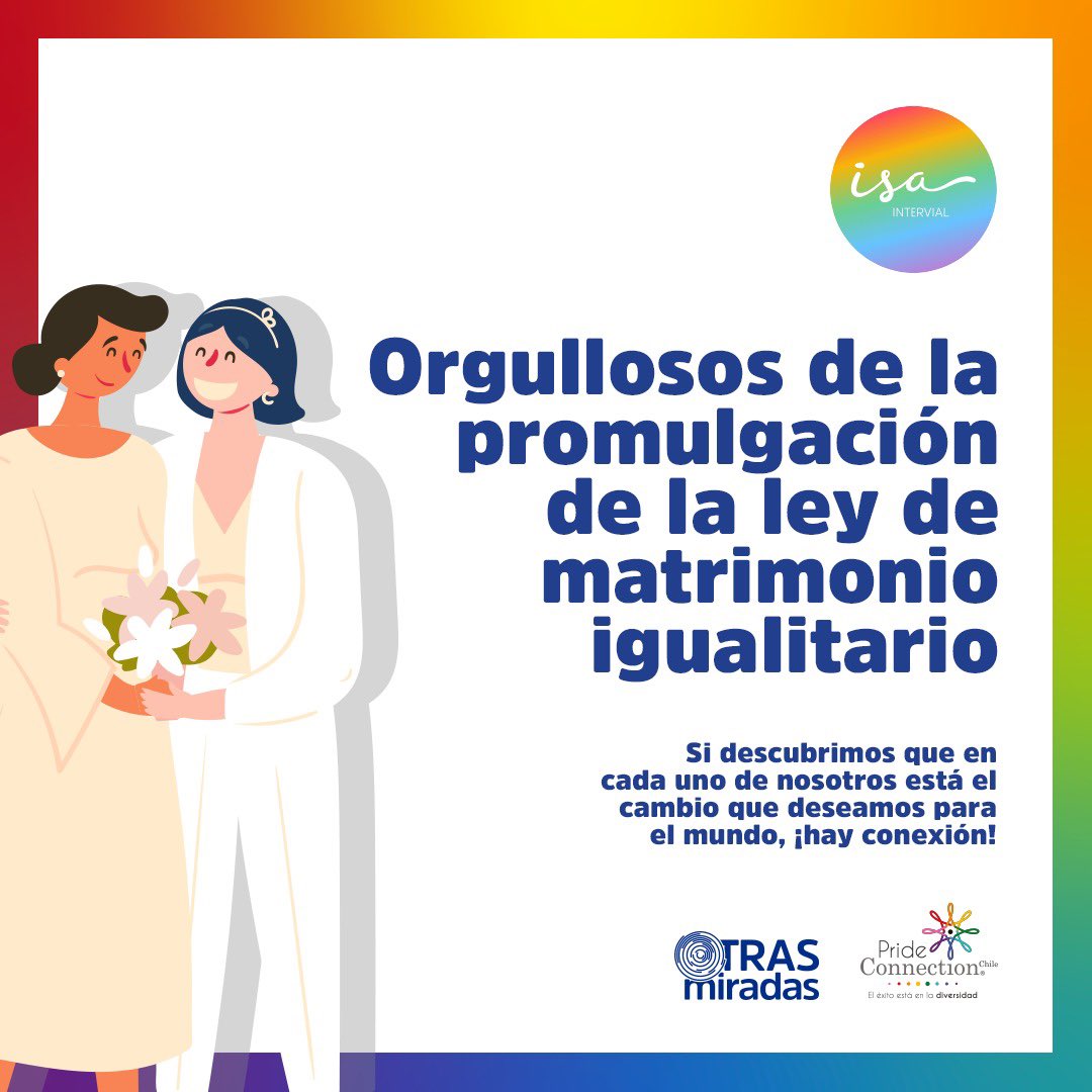 Hoy nos enorgullece la noticia de la promulgación de la Ley de Matrimonio Igualitario en Chile 🏳️‍🌈 🎉. Este es, sin duda, un gran paso que estamos dando como país para llegar a ser la sociedad que anhelamos. 

<a href="/Pride_Chile/">Pride Connection</a> #LeyDeMatrimonioIgualitario #ConexionesQueInspiran