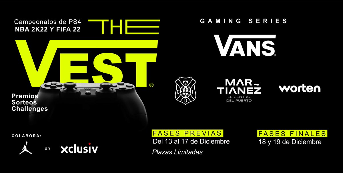 🎮 #TheVEST Gaming Series

Unimos fuerzas junto a Vans para organizar esta GAMING SERIES. 

🏆 Torneos de #FIFA22 y #NBA2K22 en #Ps4
✅ RT + Follow + menciona a 2 amigos y entra en un #SORTEO de una camiseta del <a href="/CDTOficial/">CD Tenerife 🏴󠁧󠁢󠁳󠁣󠁴󠁿</a>

📝 Inscríbete 👉 bit.ly/VansxCDTEsports