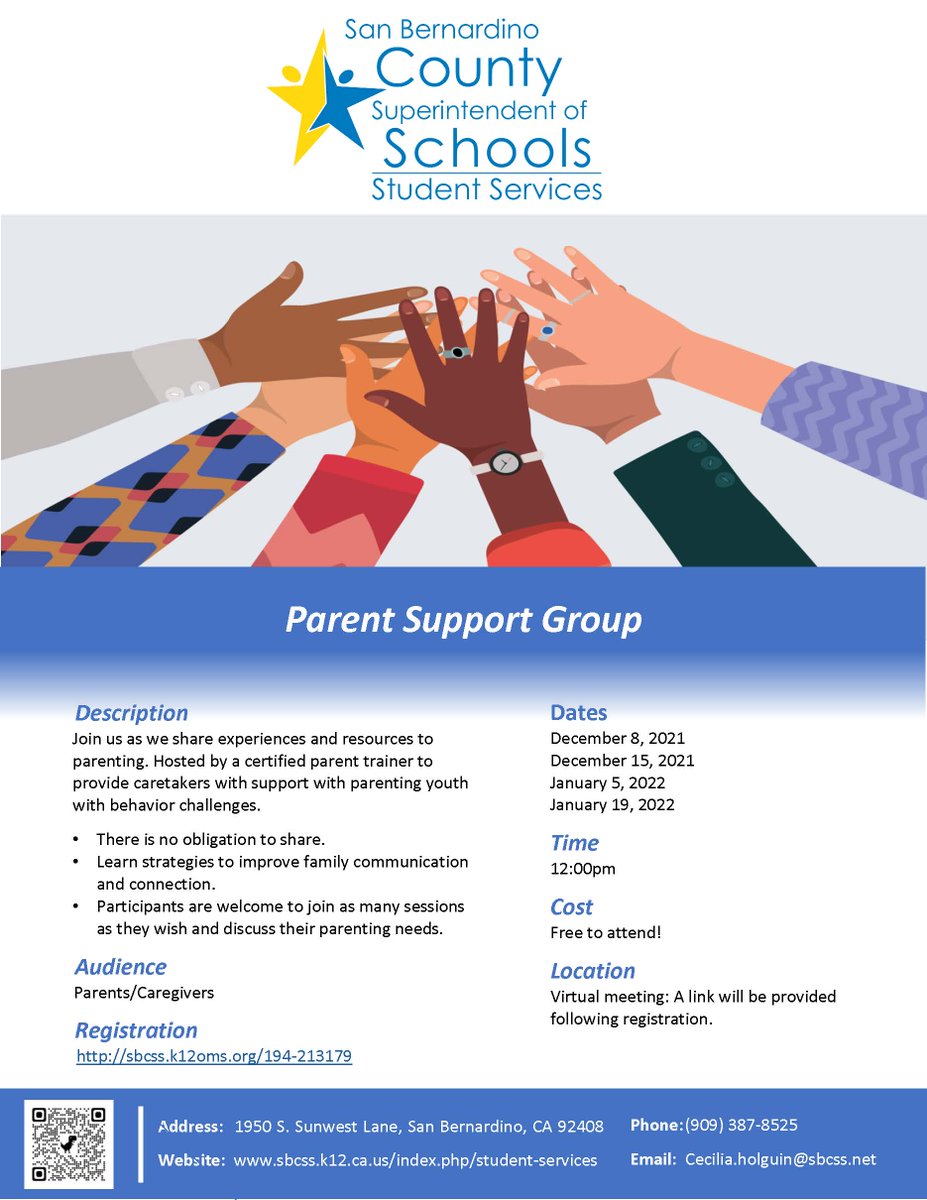 sbcss_stuServcs's tweet photo. Missed the first Parent Support Group? No worries! Join us for this week's group and learn strategies to parent youth with challenging behaviors.  
Register here: https://t.co/YASVEG4CA6 https://t.co/8NnlVeFTad