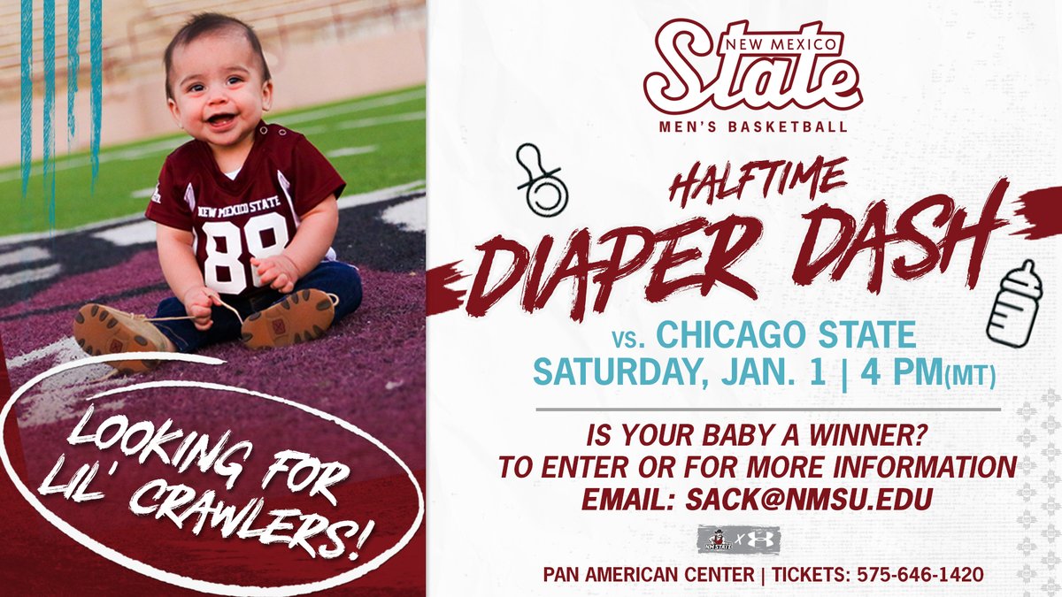 NMStateMBB's tweet image. 🗣CALLING ALL CRAWLERS 

The Diaper Dash returns the Pan Am on Saturday, Jan. 1 at 4 PM 🧷

Ring in 2️⃣0️⃣2️⃣2️⃣ with the best baby race in New Mexico 🎊 Perks &amp;amp; prizes for our participating families. 

To enter, email: sack@nmsu.edu 

#AggieUp || #DiaperDash