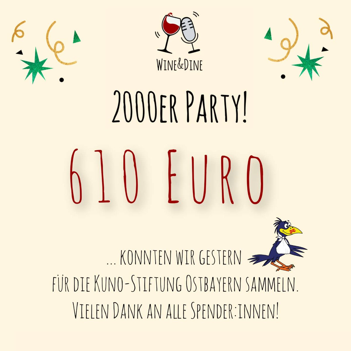 studentenfunk's tweet photo. Ihr seid der Wahnsinn! 😍

Über 600€ an Spenden haben wir gestern bei der Wine&amp;Dine 2000er-Party für die Kuno-Stiftung der Kinder-Uniklinik Ostbayern gemeinsam gesammelt.

Riesen Dankeschön an alle Zuhörenden, Spendenden und Gast-Moderator:innen ❤️

https://t.co/WMLVvFHVzG https://t.co/Pq0qcQAQ8g