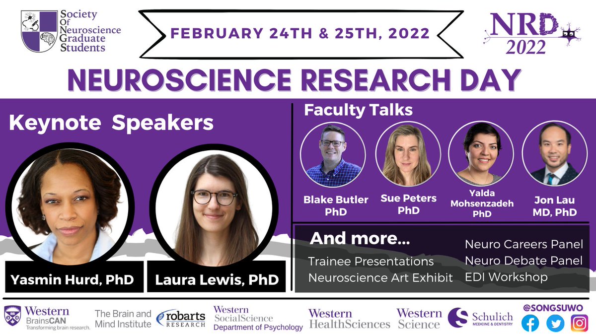 Save the date: Neuroscience Research Day #NRD2022 is happening February 24th & 25th 2022, ~9-7pm EST! Keynote Talks from @lauradata & @HurdLab Faculty Talks from @BButlerTweets @smpeters9 @Yalda_Mhz @jclauneuro &more!