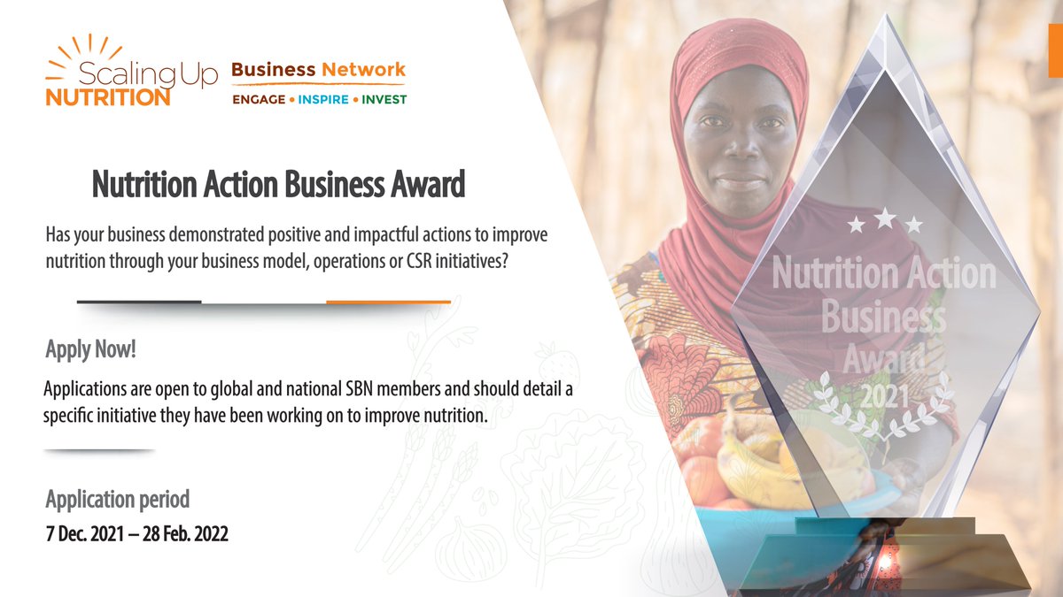 SUNBizNet's tweet photo. 𝗖𝗮𝗹𝗹 𝗳𝗼𝗿 𝗔𝗽𝗽𝗹𝗶𝗰𝗮𝘁𝗶𝗼𝗻𝘀: The Nutrition Action Business Award!@sbn_myanmar @SUNNetworksKEx 
Applications are open to global &amp; national SBN Members only &amp; should detail a specific initiative they have been working on to improve nutrition
https://t.co/pWndOOKUzS https://t.co/J8QbUpm9LP